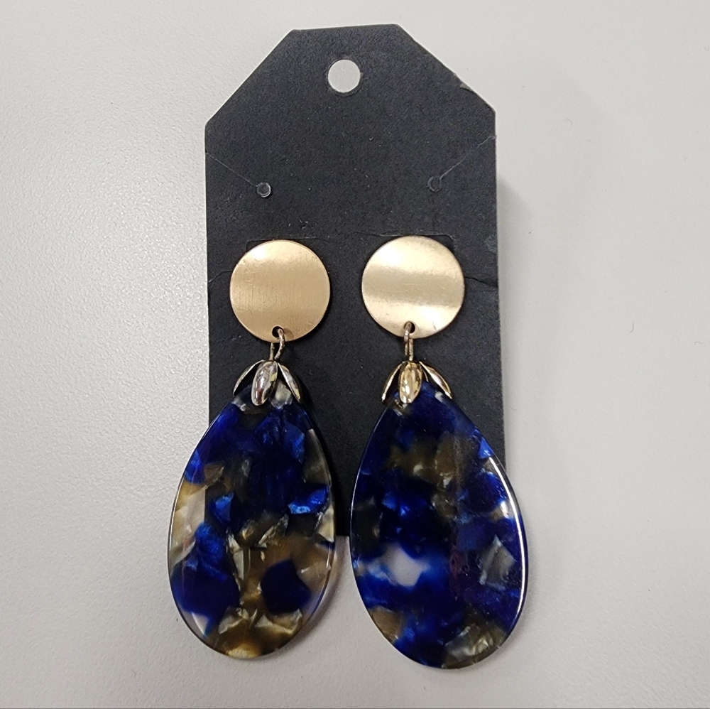 Blue Marbled Resin Teardrop Earrings Gold-tone Circular Studs Statement Dangle